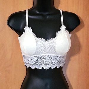 Women's L White Padded Stretchy Lace Bralette